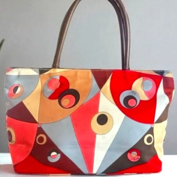 EMILIO PUCCI AUTHENTIC  “Comessa”  Red Tan Geometric Tote Bag - Picture 1 of 10